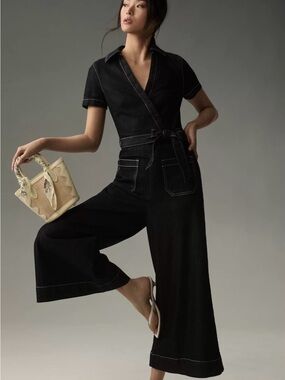 Maeve Colette V-Neck Short Sleeve Wide Leg Denim Tie Waist Wrap Jumpsuit Size 8P
